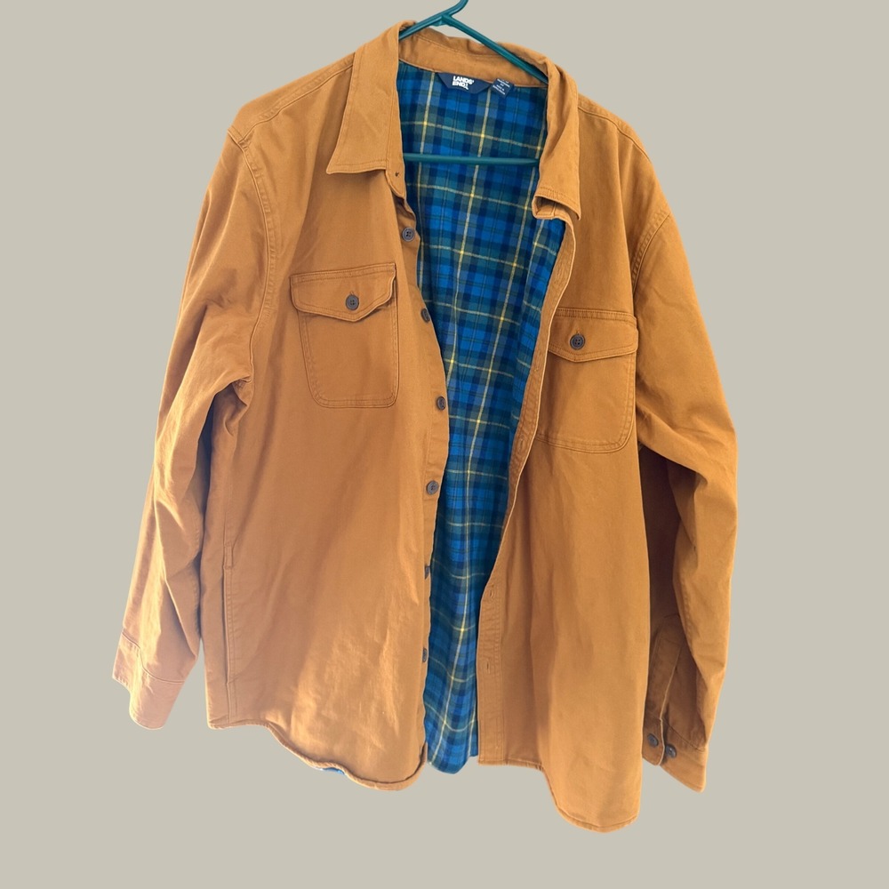 Lands End Mens XL Traditional Fit Flannel Lined Canvas Shirt Jacket Ochre Yellow